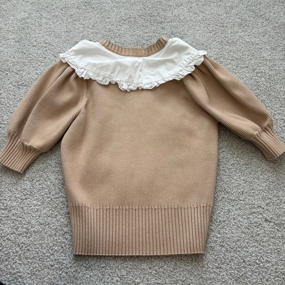 Maeve Anthropologie Poplin Collar Ribbed Knit Sweater Womens S Tan Cottage Retro - Picture 7 of 8